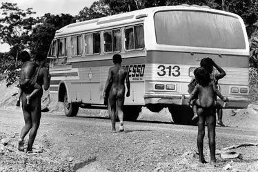 Bus traversant un territoire amérindien en Amazonie - crédits : Keystone Features/ Getty Images