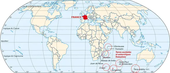 Terres australes et antarctiques françaises : carte de situation - crédits : © Encyclopædia Universalis France