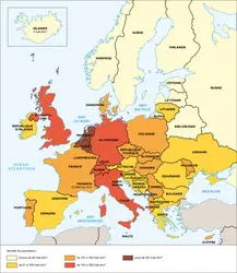 Densité de population en Europe, 2004 - crédits : Encyclopædia Universalis France