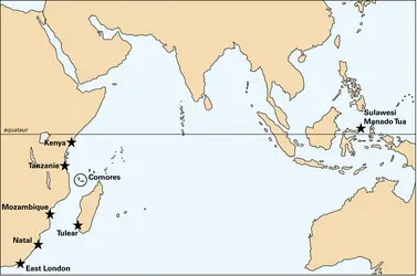 Aire de répartition des cœlacanthes. - crédits : Encyclopædia Universalis France