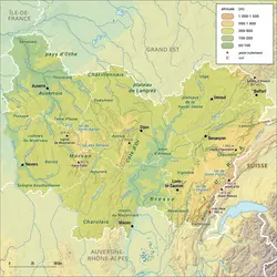 Bourgogne-Franche-Comté : carte physique - crédits : Encyclopædia Universalis France