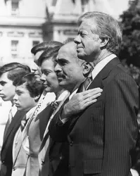 Hussein de Jordanie et Jimmy Carter, 1980 - crédits : Keystone/ Getty Images