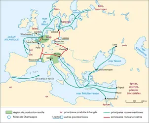 Principales routes commerciales européennes au XIII<sup>e</sup> siècle - crédits : © Encyclopædia Universalis France