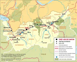 Valais : carte administrative du canton - crédits : Encyclopædia Universalis France