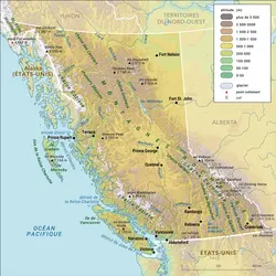 Colombie-Britannique : carte physique - crédits : Encyclopædia Universalis France
