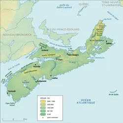Nouvelle-Écosse : carte physique - crédits : Encyclopædia Universalis France