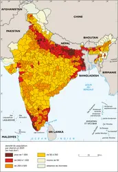 Densité de population en Inde, 2001 - crédits : © 2008 Encyclopædia Universalis France S.A.