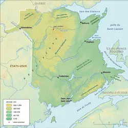 Nouveau-Brunswick : carte physique - crédits : Encyclopædia Universalis France